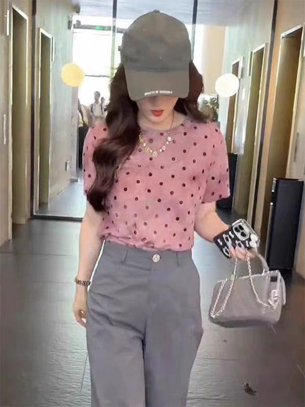レディース Tシャツ 半袖 ドット柄 セットインスリーブ トップス カットソー ゆったり カジュアル 楽ちん 大人可愛い きれいめ 夏 ピンク