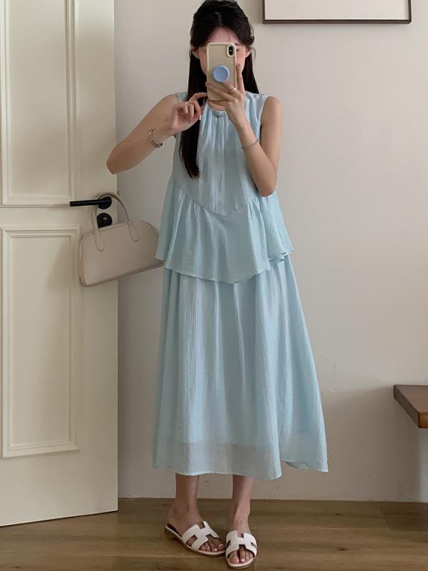 衣裳 レディース 春夏 筋目 ノースリーブ ゆったり フェイクツーピース 生まれ変わり衣料繊維 たまり場 ロング御召しもの フランス共和国風 雅びやか キャミソール 夏服 砂浜御召しもの 口さかしい ひな形