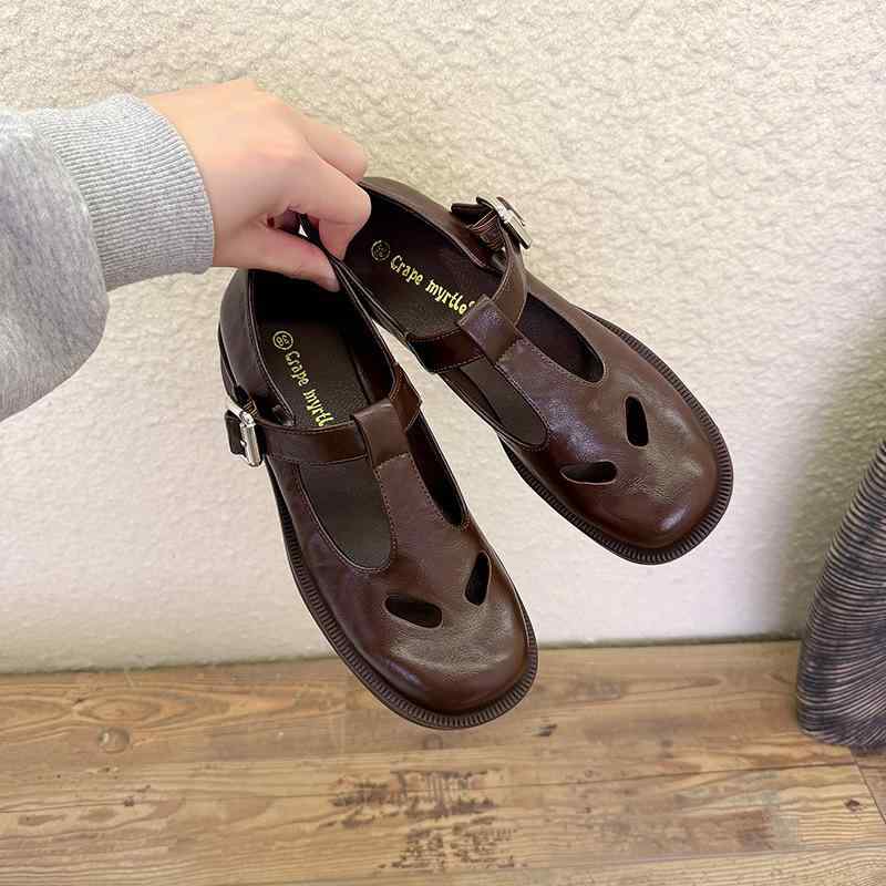 メアリージェーンシューズ レディース 牛革 Tストラップ ゴールドバックル 厚底 ラウンドトゥ スタイリッシュ 春秋 女性用 フラットシューズ ローヒール パンプス 秋冬 軽量 快適 通勤 日常使い