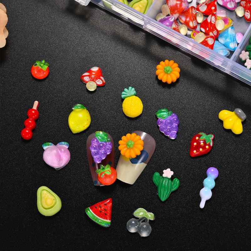 レディース ネイルパーツ 立体飾りつけ フルーツ主題 いちご 桜んぼう カクタス きのこ 入り合わせる アソートセット 15区劃 納めるボックス席