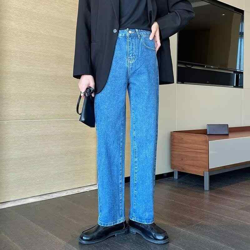 メンズ ワイドレッグ デニムパンツ 韓国風 ストレート ゆったり ドレープ感 カジュアル ロング丈 ダークブルー トレンド