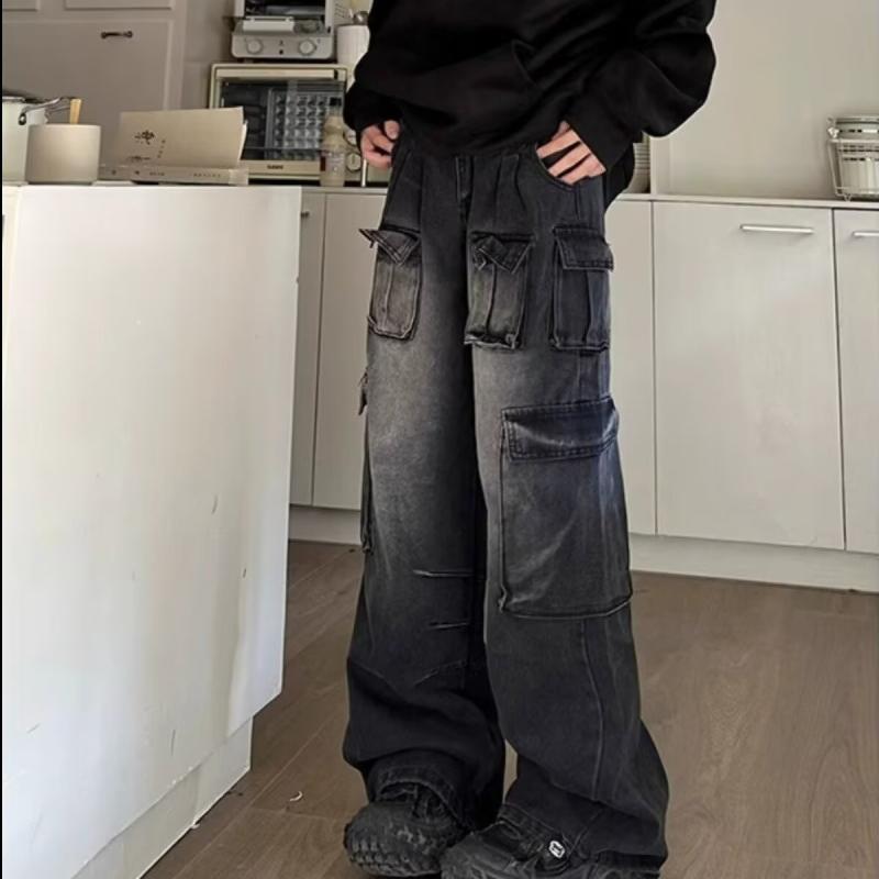 デニムパンツ 男女兼用 アメリカンストリート 多ポケット ワークウェア風 ワイドレッグ ルーズ ウォッシュ加工 ビンテージ風 ロングパンツ INS風潮