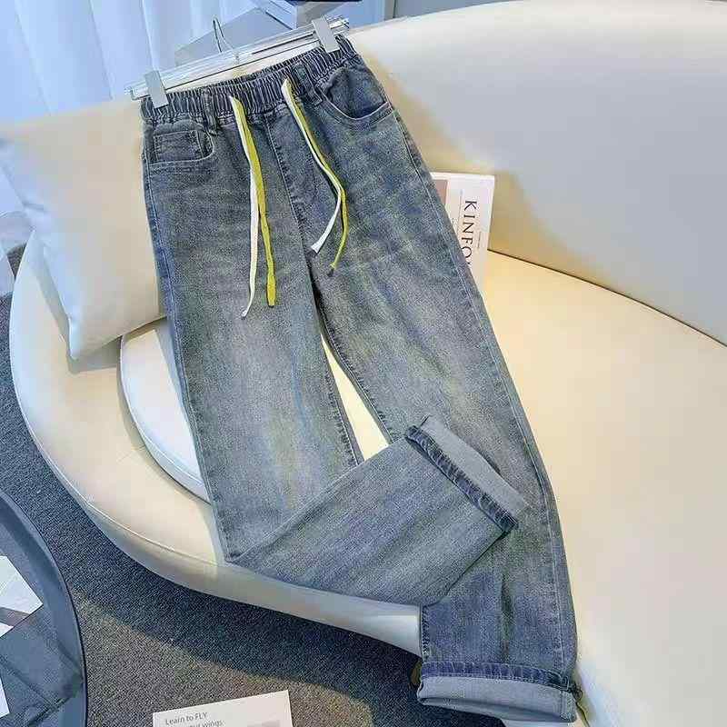 レディース デニムパンツ 春夏 ハイウエスト ワイドレッグ ルーズ スリム効果 伸縮腰 ドローコード 合わせやすい 韓国風