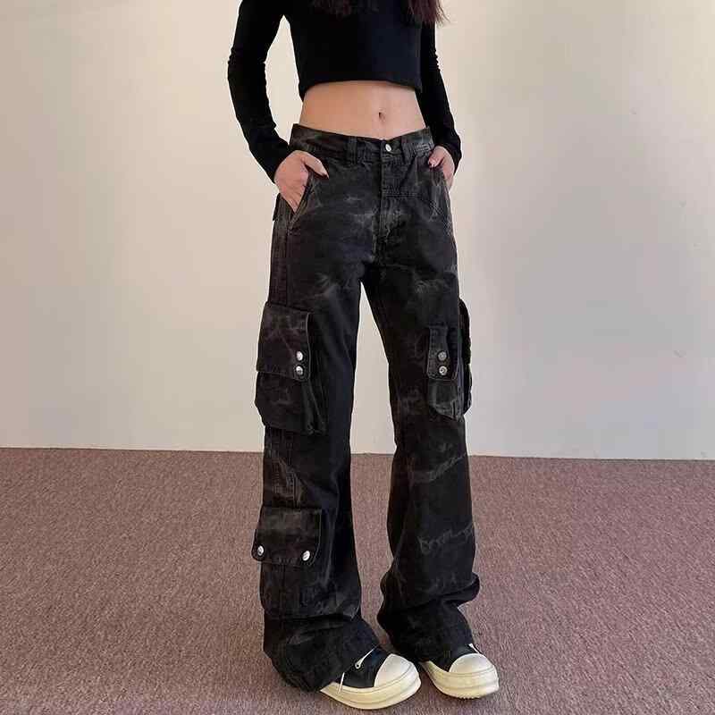 デニムパンツ レディース レトロ 多ポケット ワーク 機能風 水洗い ワイドレッグ デザイン感 ロング丈 日韓風 カジュアル トレンド