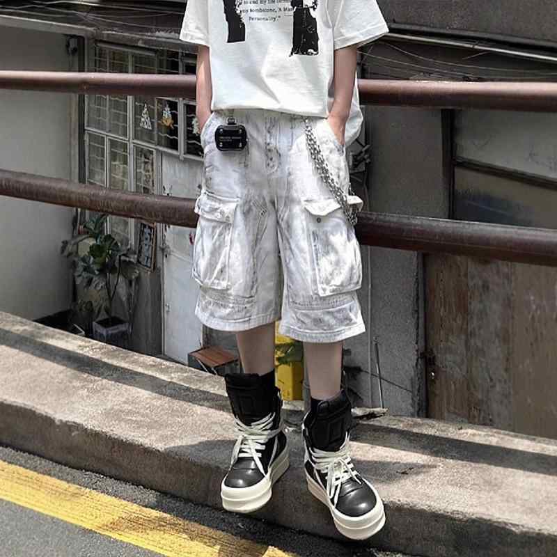 デニムショーツ メンズ 春夏 ダメージ加工 工装スタイル アメリカン ハイストリート ファッション ゆったり 直筒レッグ 膝丈 トレンド ベーシック カジュアル ラフ ユニーク