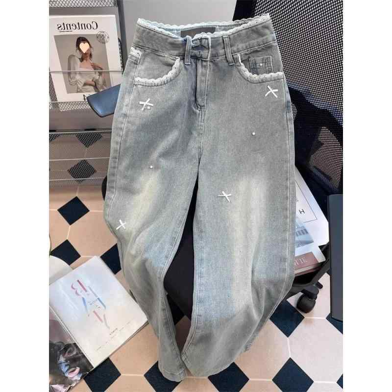 デニムパンツ レディース ハイウエスト ゆったり ストレート ロング レース リボン スリム 切り替え デザイン 通勤 通学 部屋着 デニム 素材 軽量 吸湿速乾