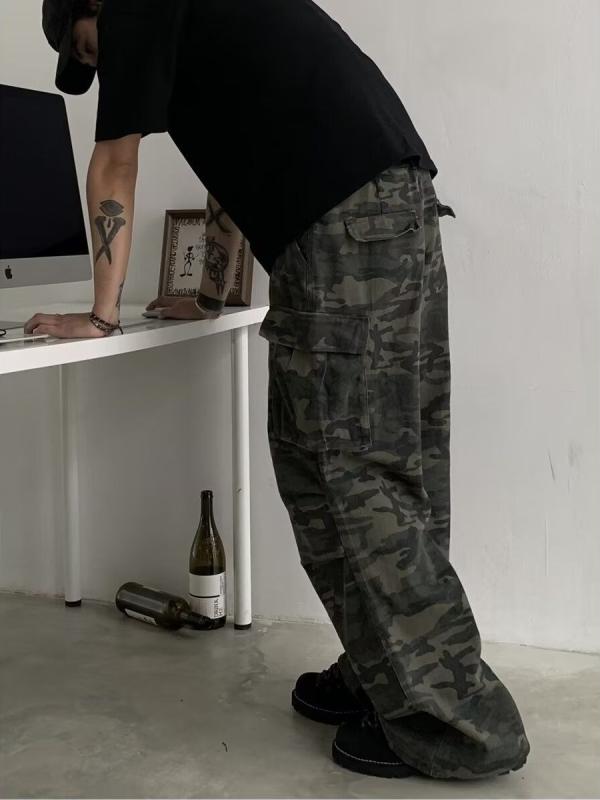 デニムパンツ メンズ ゆったり ストリート カーゴパンツ カモフラ柄 ウォッシュ加工 ストレート カジュアル ハイウエスト 軽量 吸湿速乾 デニム素材 ブラック ピンク系 通勤 通学 アウトドア 部屋着