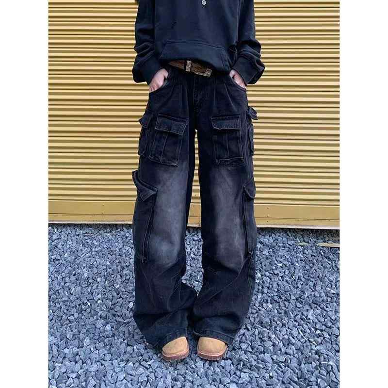 デニムパンツ 男女兼用 アメリカン レトロ ウォッシュ加工 ストレート 多ポケット ルーズ ワイドレッグ 床引き 春秋