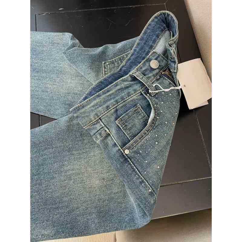 デニムパンツ レディース ビッグサイズ レトロスタイル ウォッシュ加工 ジルコニア装飾 ハイウエスト ストレート ゆったり ワイドレッグ 床引き丈 春秋 デザイン性