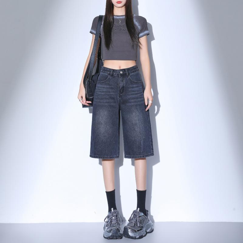 ショートパンツ レディース 春夏 デニム ハイウエスト 5分丈 膝上 レトロ 香港スタイル スタイリッシュ ファッション カジュアル 日常使い ライトブルー 復古スタイル