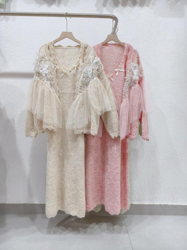 秋冬 レディース ニットワンピース セット カーディガン 吊り帯 メッシュ 切り替え ビーズ 装飾 アウター|くらしのセロネ