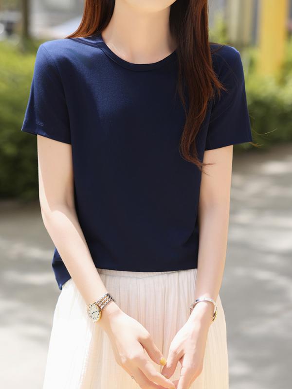 半袖トップス レディース 春夏 高級感 極簡風 シンプル 通勤 ビジネス オフィス クルーネック ニット 再生繊維 吸湿速乾 インナー ベース シャツ 軽量 快適