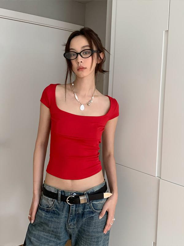 レディース 春夏 Tシャツ 韓国風 シンプル スクエアネック 万能 フェイクオフショルダー デザイン ショート丈 セクシー トップス