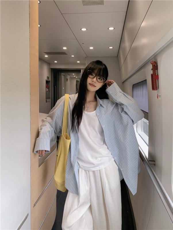 春夏 レディース 韓国風 シック ミニマリスト ポロカラー 長袖 ストライプ ゆったり 開襟 シャツ ルーズフィット 上衣