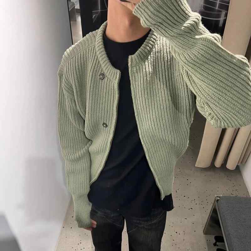 ニットカーディガン 男女兼用 春秋 抹茶緑 丸首 ジッパー ゆったり カジュアル 長袖 アウター ユニセックス 日常 通勤 街着 リラックス 快適 軽量 ソフト