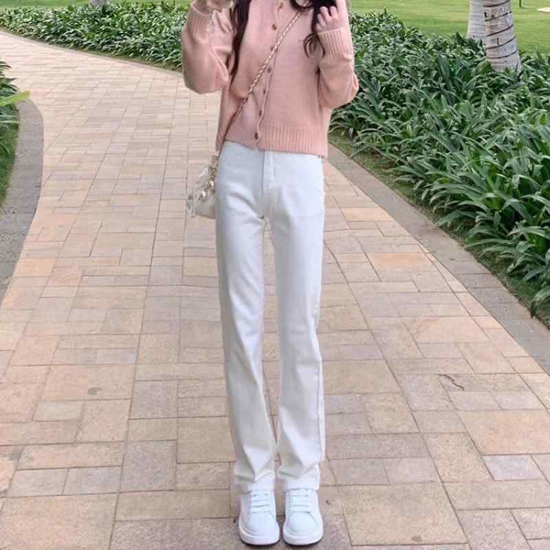 デニムパンツ レディース 春夏 ホワイト ストレート 薄手 ハイウエスト スタイルアップ スリムフィット テーパード ロング丈