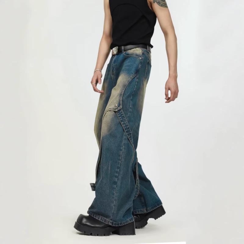 春夏 メンズ ロング パンツ デニム ワイド レッグ ルーズ フィット ストレート レッグ 切り替え デザイン ウォッシュド 加工 アメリカン スタイル ストリート ファッション