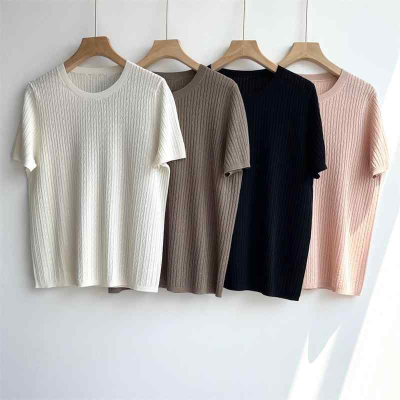 レディース Tシャツ 無地 ニット 半袖 コットンリネン シンプル ベーシック スリム ツイスト編み 百搭 修身 基礎款