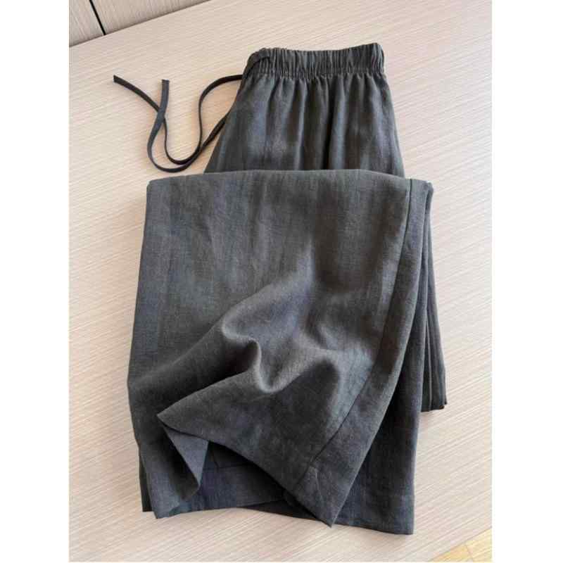 Hemp Wide Pants Women's High Waist Loose Straight Drape Casual Trousers Japanese Style Loose Waist Straight Drape