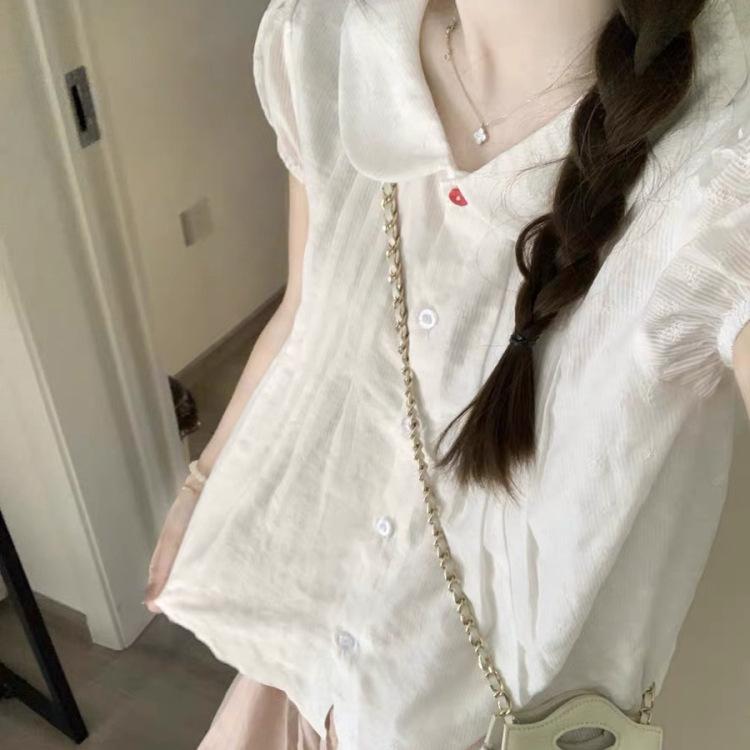 ブラウス レディース 半袖 白娃娃領 細見え ゆったり 軽量 通気性 大人可愛い 上品 きれいめ 韓国系 春夏