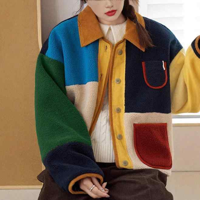 アウター レディース チェック柄 切り替え ゆったり ?松 ドロップショルダー ポケット付き 羊羔毛 暖かい 秋冬 カジュアル レトロ
