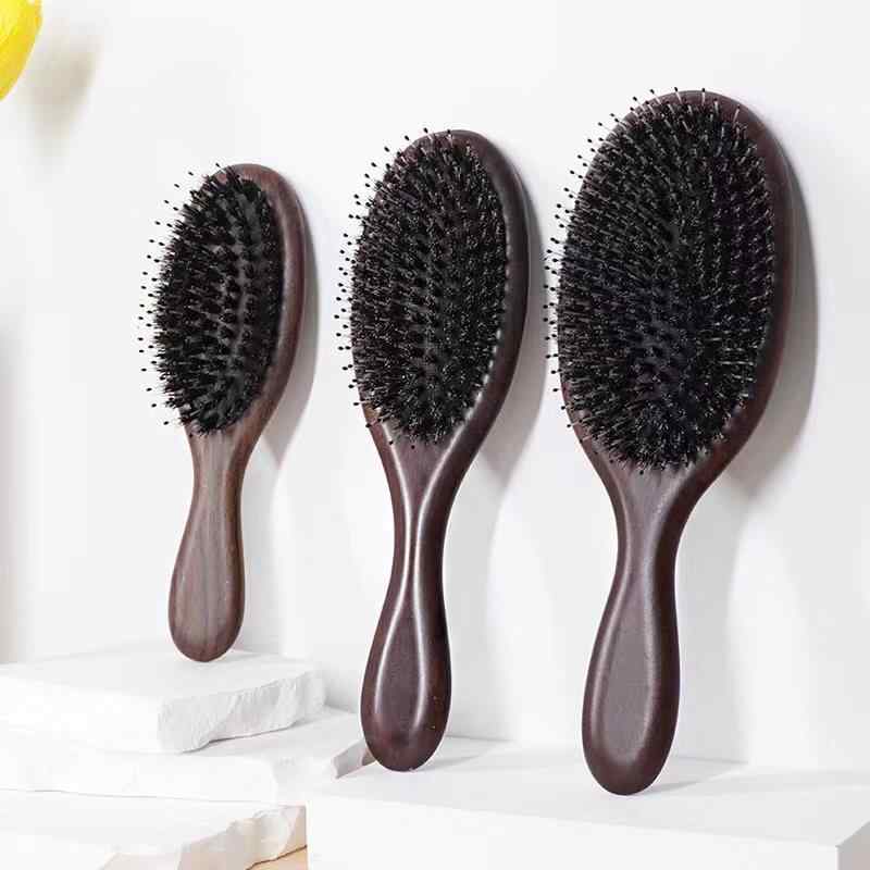 ヘアブラシ 黒檀木 天然豚毛 クッション 静電気防止 滑らかスタイリング 頭皮マッサージ ポータブル 健康ケア ヨーロッパ風
