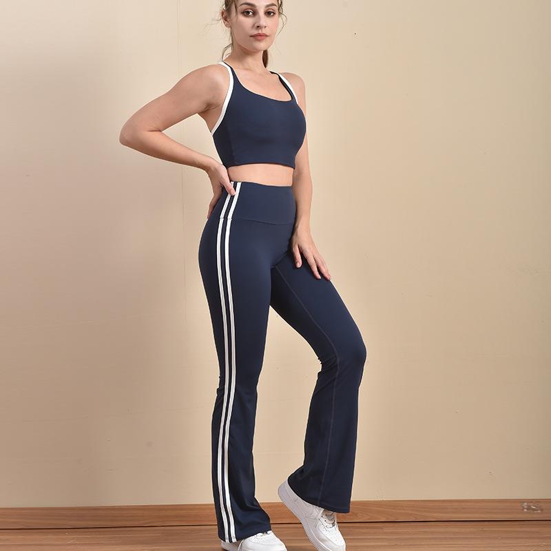 ヨガウェア レディース セット スポーツブラ ストラップ 美背 ハイウエスト フレアパンツ ヒップアップ コントラストカラー ストライプ ファッション