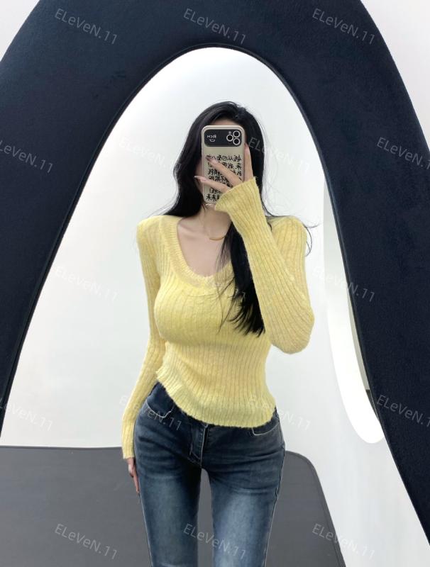 ニットセーター レディース Vネック 長袖 ワイドエッジ 春秋 インナー 打底シャツ 修身 スリム フィット ボディコンシャス カジュアル トレンド スタイル おしゃれ