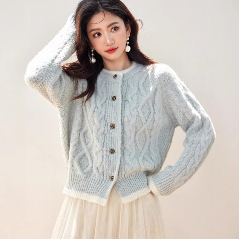 ジレー レディース 韓国風 可愛らしい 捻じれ編み物 もの柔らか モヘヤ ゆったり 烏兎 針織 開衫 ホンブルグ帽 厚地の外套