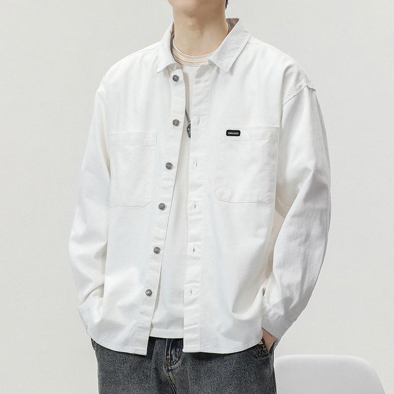 メンズ シャツ レトロ 単色 綿 重厚 ゆったり カジュアル 長袖 襟付き 春秋