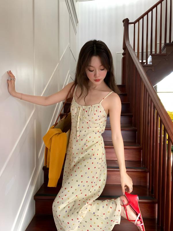 ワンピース レディース 春夏 少女 減齢 修身 痩せ見え ポルカドット 吊り帯 キャミソール ドレス
