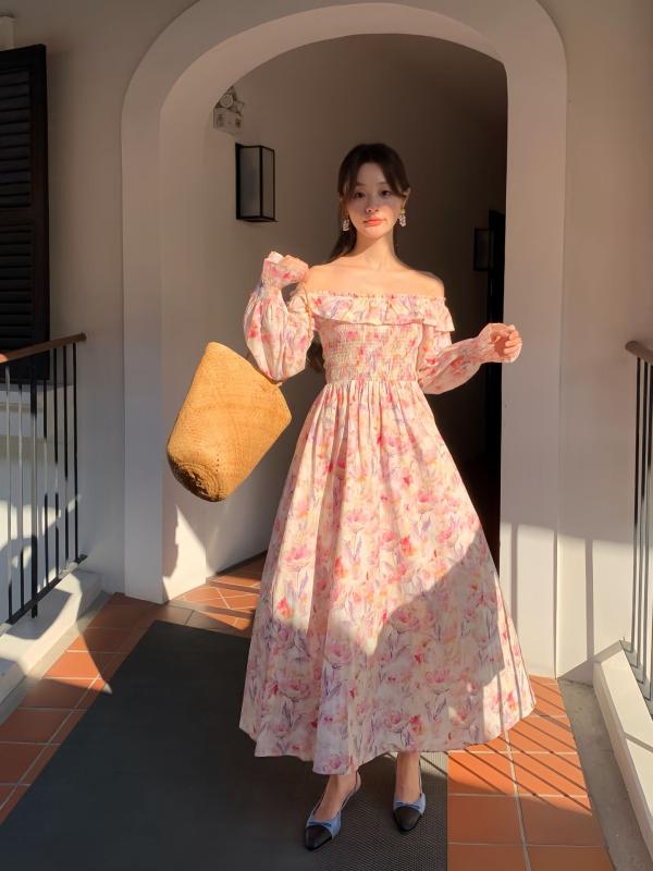 春夏 レディース ワンピース フレンチ かわいい 花柄 一文字肩 気質 ヤング