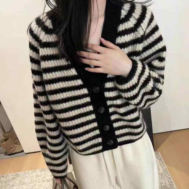 レディース ジレー V素っ首 縞模様 純絨毛 編み物 朦々たる カシミヤ 対照色つや 秋冬 アウター 流行り物
