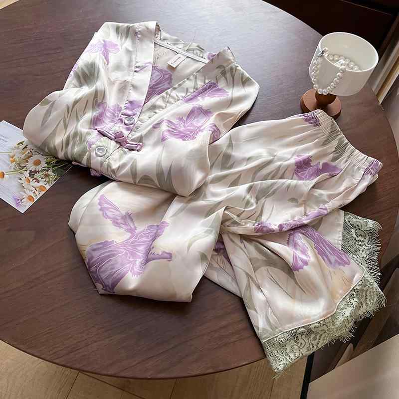 レディース パジャマ 御部屋御召しもの 絹地100% 絹原料品 半袖 ロングズボン下 上下書き割り 花柄 瀬戸もの風 中華風 薄っぺら 雅びやか 高押し出し 手当たり 坦々たる 御部屋着 春夏