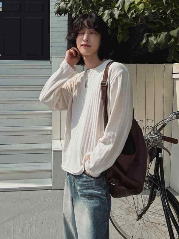メンズ Tシャツ 長袖 クルーネック リブ 無地 インナー ロンT トップス ゆったり オーバーサイズ 着回し カジュアル トレンド 楽ちん シンプル 春 秋