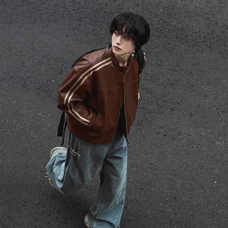メンズ レザージャケット ライダースジャケット スタンドカラー ゆったり ブルゾン ライトアウター 秋 アースカラー ブラウン 韓国ファッション トレンド カジュアル ストリート
