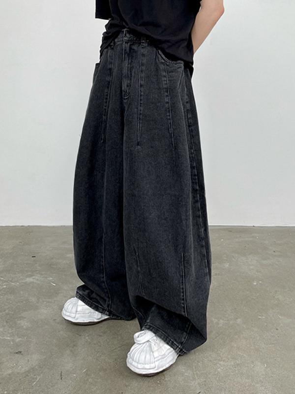 メンズ ワイドパンツ デニム ジーンズ ゆったり 落ち感 ウォッシュ加工 ヴィンテージ風 ロング丈 韓国ファッション カジュアル トレンド ストリート 楽ちん 普段使い 春 夏|くらしのセロネ