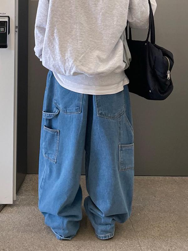 メンズ ワイドパンツ デニム ジーンズ ストレート レトロ ヴィンテージ風 ゆったり 細見え ロング丈 体型カバー 楽ちん カジュアル 韓国ファッション 春|くらしのセロネ