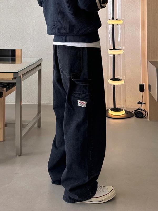 メンズ デニムパンツ ジーンズ ワークパンツ ワイドパンツ ストレート ゆったり ウォッシュ加工 ロング丈 フルレングス 韓国ファッション カジュアル こなれ感 トレンド 秋冬|くらしのセロネ