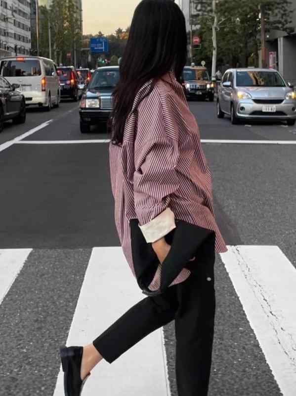 レディース シャツ ブラウス ストライプ 襟付き ゆったり 細見え シンプル カジュアル 体型カバー きれいめ 通勤 オフィス 韓国ファッション 春夏|くらしのセロネ