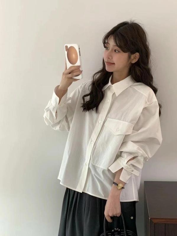 レディース シャツ ブラウス 長袖 ポロ襟 ゆったり ビッグポケット オーバーサイズ 袖口ボタン 上品 きれいめ カジュアル オフィス 体型カバー 春 秋 7,657円