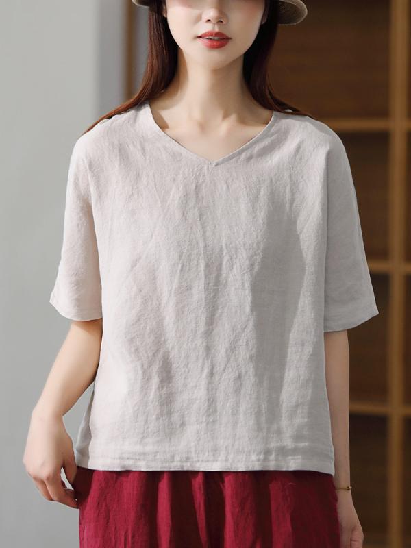 レディース Tシャツ 半袖 Vネック リネン 麻 通気性 細見え シンプル ナチュラル 無地 多色展開 きれいめ 涼しい 大人カジュアル 夏服 トップス デイリー 蒸れにくい