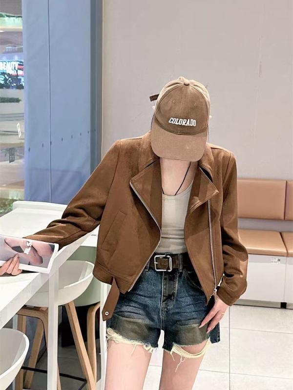 レディース ジャケット スエード素材 ショート丈 長袖 前開き カーディガン風 カレッジ風 上品 きれいめ 大人可愛い カジュアル トレンド 普段使い 秋 冬