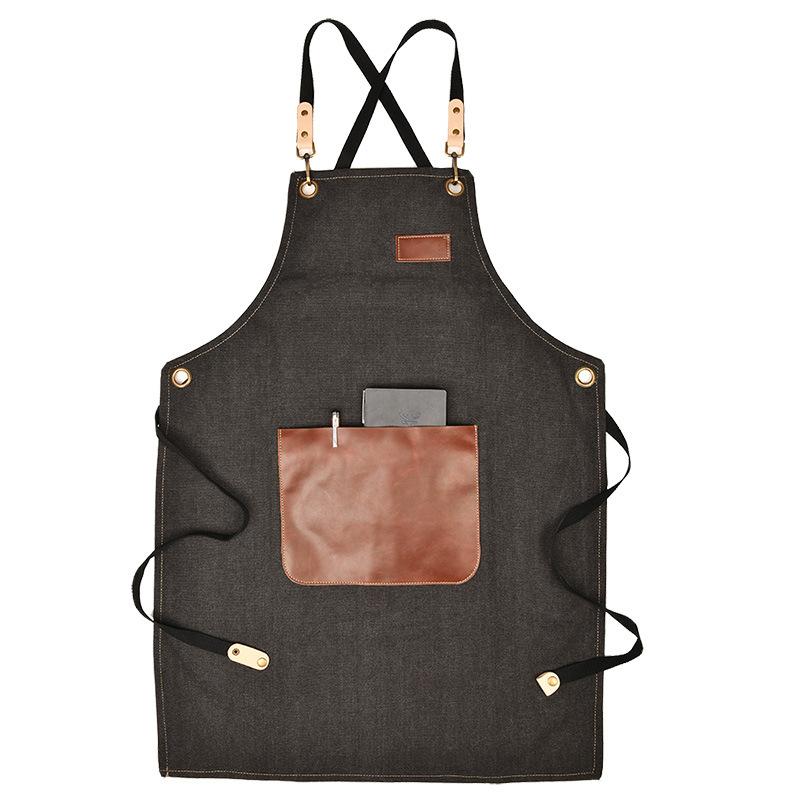 男女兼用 エプロン デニム キャンバス 帆布 レザーベルト クロスバック 美容師 理容師 カフェ バリスタ ガーデニング 園芸 作業用 ワークエプロン おしゃれ 韓国風 厚手 丈夫 前掛け 飲食店 ユニフォーム 接客 業務用(x100)|くらしのセロネ