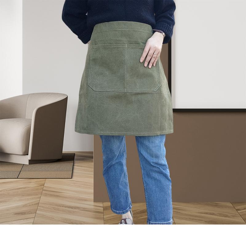 男女兼用 カフェエプロン ショートエプロン ギャルソンエプロン キャンバス 帆布 厚手 耐久性 耐摩耗性 丈夫 キッチン 料理 飲食店 ワーク カフェ 接客 ガーデニング ユニフォーム カジュアル シンプル 動きやすい 前掛け 腰下 アーミーグリーン カ(x10)