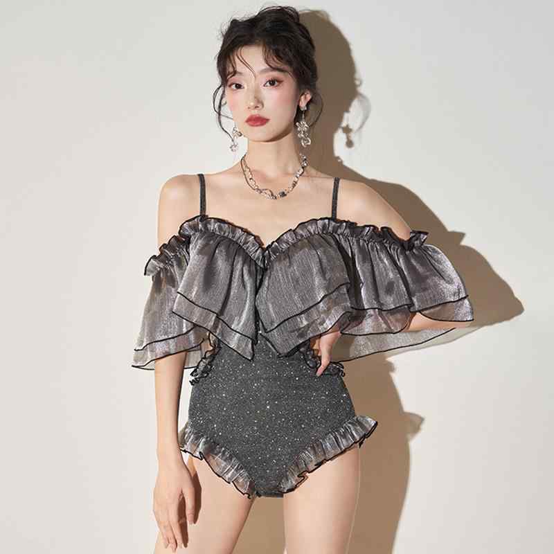 レディース 水着 ワンピース オフショルダー フリル キャミソール 体型カバー 細見え セクシー 大人可愛い リゾート 温泉 ビーチ 海 プール フェミニン ガーリー 露出控えめ 可愛い
