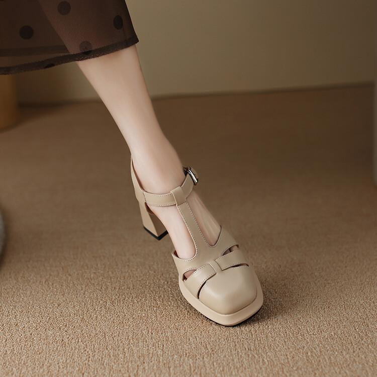 レディース サンダル パンプス 太ヒール チャンキーヒール クローズドトゥ アンクルストラップ カットアウト レトロ シンプル 上品 きれいめ 歩きやすい 疲れにくい ローマ風 オフィス 通勤 春夏