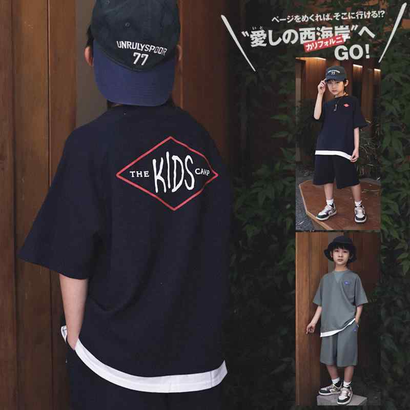 キッズ 男の子 セットアップ 上下セット 半袖 Tシャツ ハーフパンツ 5分丈 レイヤード風 重ね着風 フェイクレイヤード 子供服 男児 動きやすい おしゃれ カジュアル 夏服 4,505円