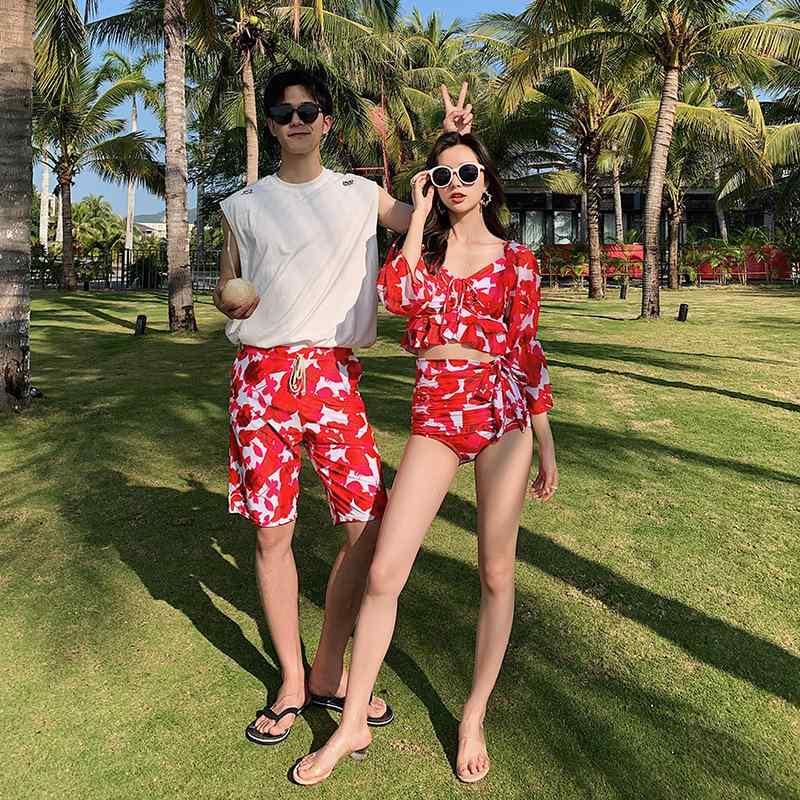 レディース メンズ ペア 水着 お揃い カップル セット セパレート 体型カバー 細見え UVカット 紫外線対策 サーフパンツ ビーチパンツ 露出控えめ 温泉 プール 海 リゾート 旅行 スタイルアップ トレンド 楽ちん シンプル 夏