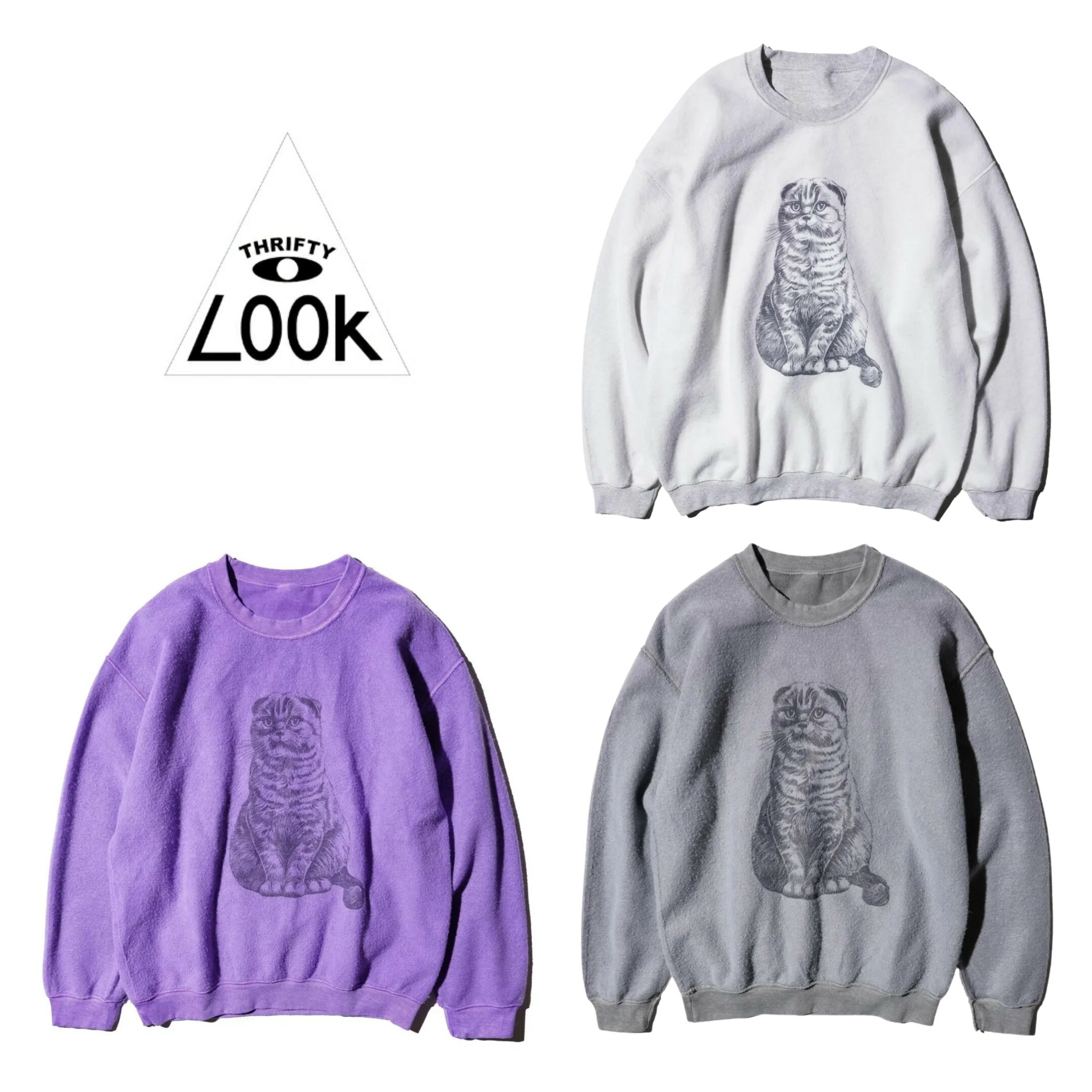 【THRIFTY LOOK / スリフティールック】OTHER SIZE PRINTED CAT SWEAT 起毛 汗水 えの具工業 大層らしい大きさ ボックス席影ぼうし スコティッシュフォールド